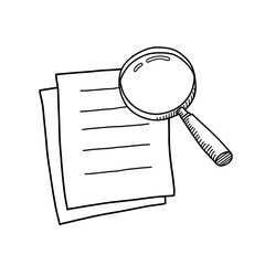 Document appraisal doodle, hand drawn doodle of two document papers with a magnifying glass, isolated on white background.