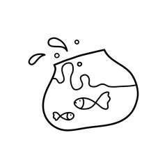 Aquarium bowl with two fishes, hand drawn doodle of spilled water aquarium bowl with pet fish.