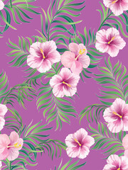 Exotic tropical pattern with strelizia, hibiscus, palm leaves. Summer vector background for fabric, cover,print design.