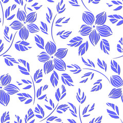 Seamless floral background.Blue flowers on a white background. Pattern for fabrics, wrapping paper, wallpaper, napkins, etc.