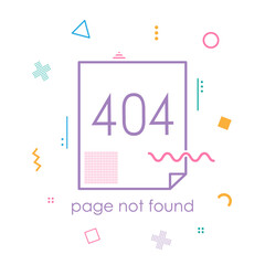Memphis style 404 error page not found, a vector background of internet error page in Memphis style with colorful geometric shape design elements, isolated on white background.