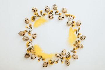Round frame of eggs and yellow flowers on white background. Flat lay, top view