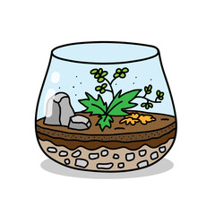 Terrarium glass enclosure, a hand drawn doodle of Terrarium enclosure in bowl shape filled with a variety of plants, isolated on a white background.