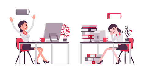 Smart businesswoman, manager full with energy, empty at working place. Attractive office worker professional look, formal attire. Vector flat style cartoon illustration isolated on white background