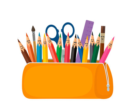 Bright school pencil case with filling school stationery such as pens, pencils, scissors, ruler, tassels. concept of September 1, go to school.