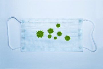 Medical mask on a white background with viruses on it. The concept of the danger of infection. A...