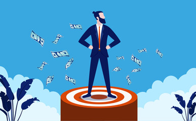 Financial target met - Businessman standing in bullseye, proud and satisfied after reaching business goal. Vector illustration.