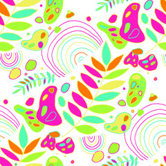 Fototapeta na wymiar Seamless vector pattern with abstract doodles. Bright summer print. Trendy colorful background. Geometric doodles and leaves. 