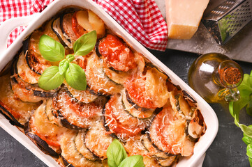 Baked eggplant, tomatoes with sauce, parmesan and basil. Traditional italian food. Rustic food for a healthy diet. Vegetables for lunch. Place for your text. Bright postcard with food