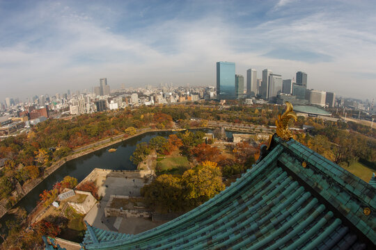 Nature variety, lakes and trees blended with the city of Osaka from the roof