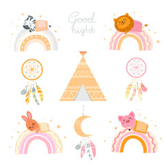 good night animal kids set with dream catchers on the white background