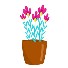 ..Purple small flowers in a brown pot, Houseplants, Home flowers in cartoon style, vector object, hand draw, isolate white background.