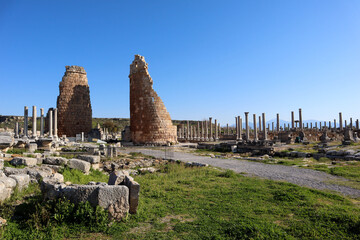 Fototapeta na wymiar Ruined hellenistic city gate in the ruins of the ancient city Perge, near Antalya, Turkey