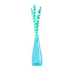 ....Green twigs in a tall glass vase, glass jug, delicate decorative small flowers, spring grass, vector illustration in cartoon style, flat...