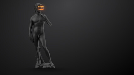 VR headset with neon light, future technology concept banner. 3d render of the statue, man wearing virtual reality glasses on black background. VR games. Thanks for watching