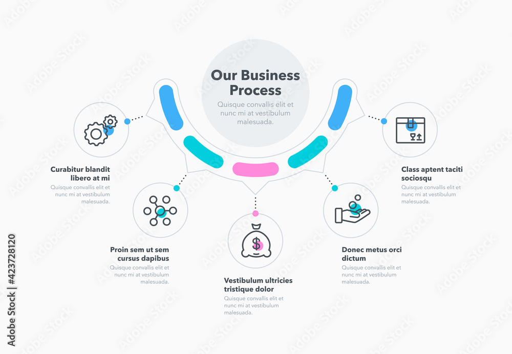 Poster Simple concept for business process diagram with five steps and place for your description. Flat infographic design template for website or presentation.