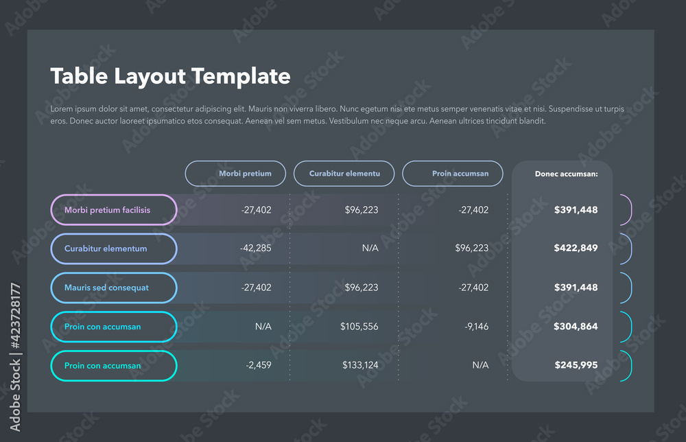 Poster Modern business table layout template with the total sum column and place for your content - dark version. Flat design, easy to use for your website or presentation.