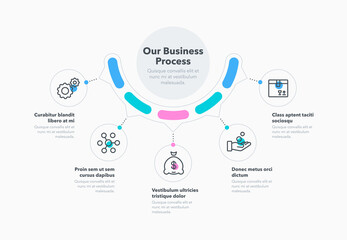 Simple concept for business process diagram with five steps and place for your description. Flat infographic design template for website or presentation. - obrazy, fototapety, plakaty