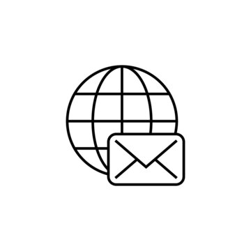 recommend clip art: Global envelope icon in flat black line style, isolated on white 