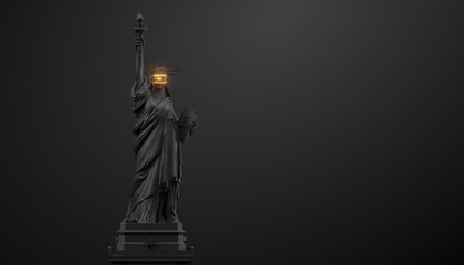 VR headset with neon light, future technology concept banner. 3d render of the statue of Liberty, usa, woman wearing virtual reality glasses on black background. VR games. Thanks for watching