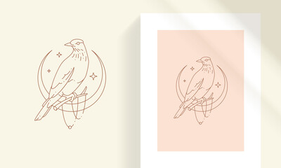 Bird sitting on branch with crescent moon and stars line art style vector illustration