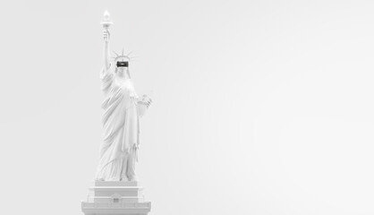 VR headset, future technology concept banner. 3d render of the white statue of Liberty, usa, woman wearing virtual reality glasses on white background. VR games. Thanks for watching