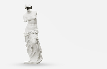 VR headset, future technology concept banner. 3d render of the white statue, woman wearing virtual reality glasses on white background. VR games. Thanks for watching