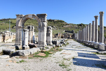colonnade on the street of ancient city Perge near Antalya, Turkey