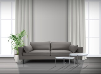 Obraz na płótnie Canvas 3d realistic vector living room interior with windows, curtains, sofa with coffee tables.