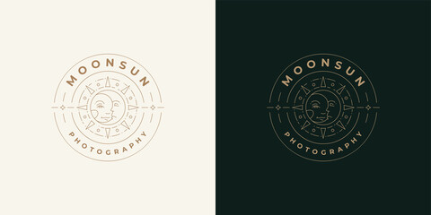 Magic sun and moon with human face logo emblem design template vector illustration in minimal line art style