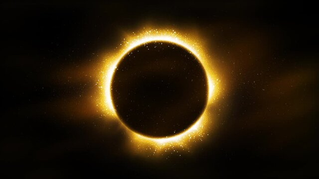 Luxury black background, particles of golden glitter in form of a ring, circle. Shining gold frame, place for text. Awards ceremony. Festive round border. Decorative solar eclipse. Seamless loop