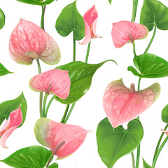 Floral seamless pattern with Anthurium flowers and leaves on a white background. Bright green-pink buds. Vector botanical illustration. Exotic tropical elements for textile design