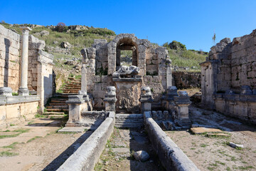 ruins of Nymphaeum in archaeological site ancient city Perge, near Antalya, Turkey