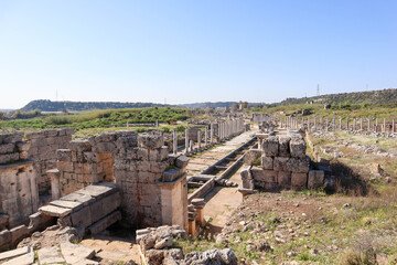 panoramic view to the ruins of ancient city Perge, near Antalya, Turkey
