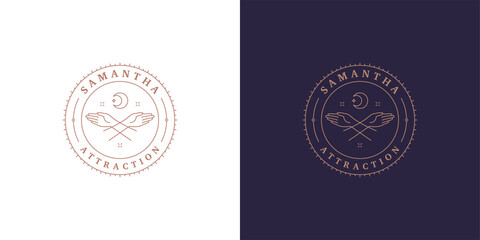 Female linear hands holding magic moon crescent logo template vector illustration © provectors