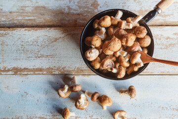 .Fresh shiitake mushrooms in a pan for cooking