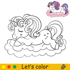 Cartoon unicorn slipping on a cloud coloring