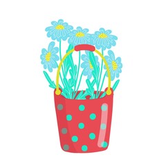 ..Red bright polka dot bucket filled with daisies, bouquet of daisies, spring flowers, vector illustration in cartoon style, flat.