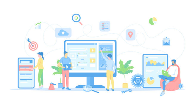 Internet Marketing, Search engine optimization, SEO. SEO managers and analytics analyze and make changes to the site so that they are optimized for search engines. Conceptual flat vector illustration 