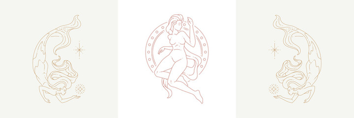 Magic female creature and mermaid in boho linear style vector illustrations set.