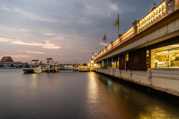 Yodpiman Riverwalk pier with Chaophraya River  the tourist attraction point of Bangkok Thailand