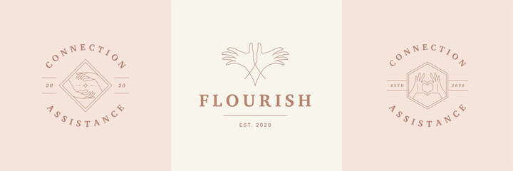 Fototapeta premium Feminine logos emblems design templates set with female hands gestures vector illustrations minimal line art style