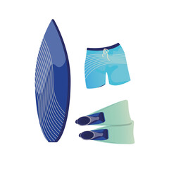 Swimming equipment. Surfing, diving, swimming clothes. Men's swimming shorts, swimming trunks. On a white background. Vector illustration in cartoon style. Design element, print, print.
