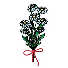 ..Bouquet of daisies tied with a red ribbon, arrangement of flowers, floral design, vector flowers in the style of hand draw, doodle.