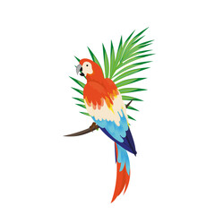 A macaw parrot sits on a verka. A tropical red parrot sits on a branch in half a turn. Summer design element.