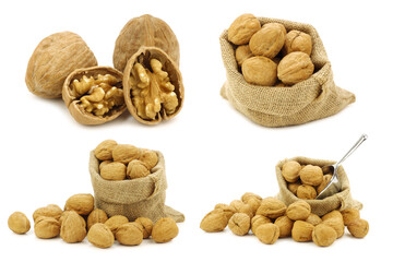 Walnuts and some in a burlap bag on a white background