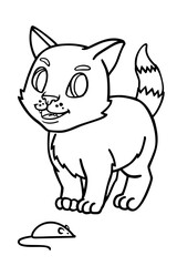 Vector cute kitten. Line art coloring book, black and white drawing illustration