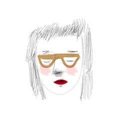 Teenage tween hipster millennial depressed emo girl with glasses specs. Tired art school female quirky makeup fringe urban style. Young moody introverted student with myopia mental health illustration