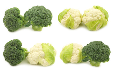 Fresh cauliflower and broccoli  on a white background