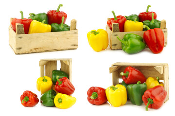 paprika's (capsicum) in a wooden box on a white background